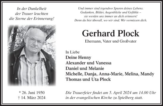 Traueranzeige von Gerhard Plock von Gelnhäuser Neue Zeitung