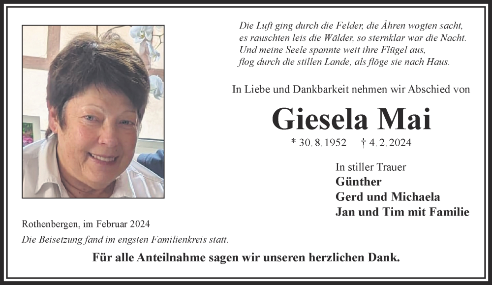 Traueranzeige für Giesela Mai vom 02.03.2024 aus Gelnhäuser Neue Zeitung