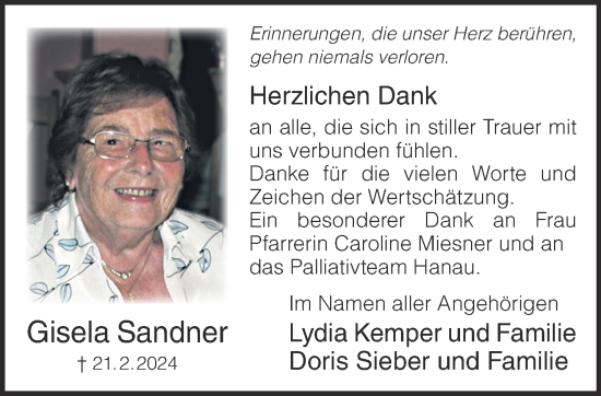 Traueranzeige von Gisela Sandner von Gelnhäuser Neue Zeitung