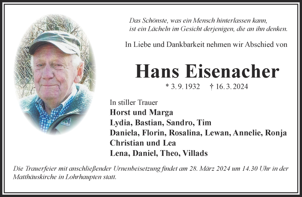  Traueranzeige für Hans Eisenacher vom 23.03.2024 aus Gelnhäuser Neue Zeitung