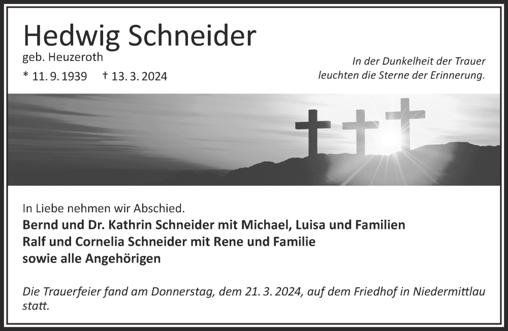  Traueranzeige für Hedwig Schneider vom 16.03.2024 aus Mittelhessen-Bote