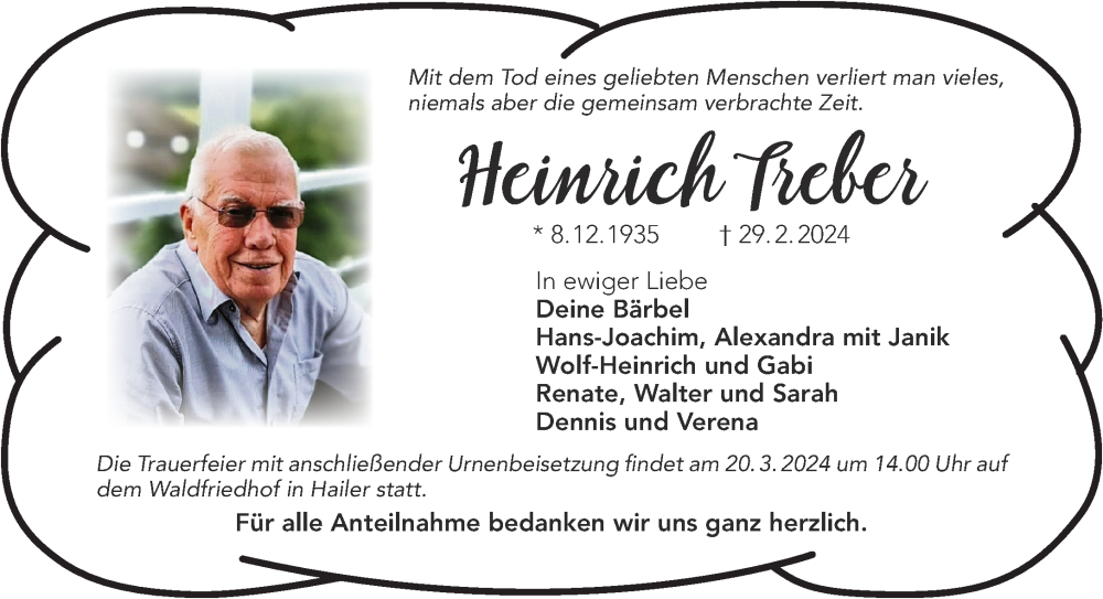  Traueranzeige für Heinrich Treber vom 16.03.2024 aus Gelnhäuser Neue Zeitung