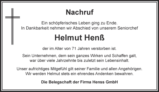Traueranzeige von Helmut Henß von Gelnhäuser Neue Zeitung