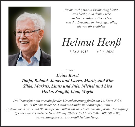 Traueranzeige von Helmut Henß von Gelnhäuser Neue Zeitung