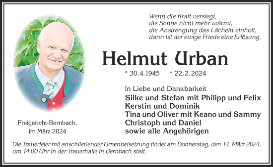 Traueranzeige von Helmut Urban von Gelnhäuser Neue Zeitung