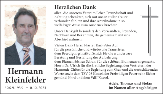 Traueranzeige von Hermann Kleinfelder von Gelnhäuser Neue Zeitung