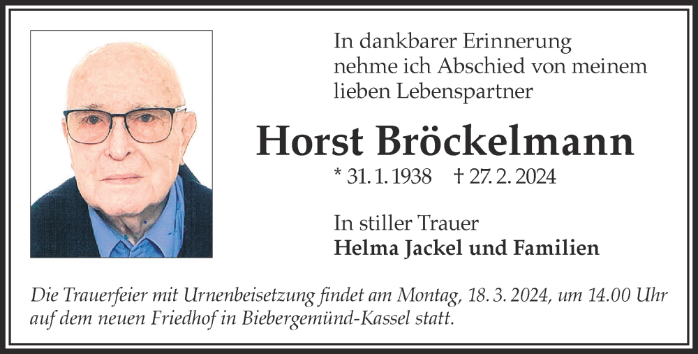  Traueranzeige für Horst Bröckelmann vom 16.03.2024 aus Mittelhessen-Bote