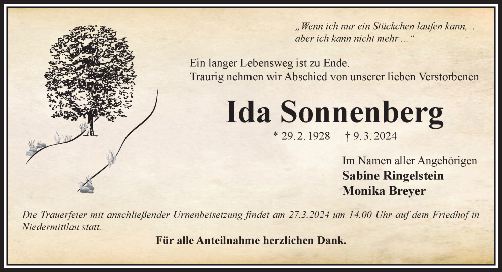  Traueranzeige für Ida Sonnenberg vom 23.03.2024 aus Gelnhäuser Neue Zeitung