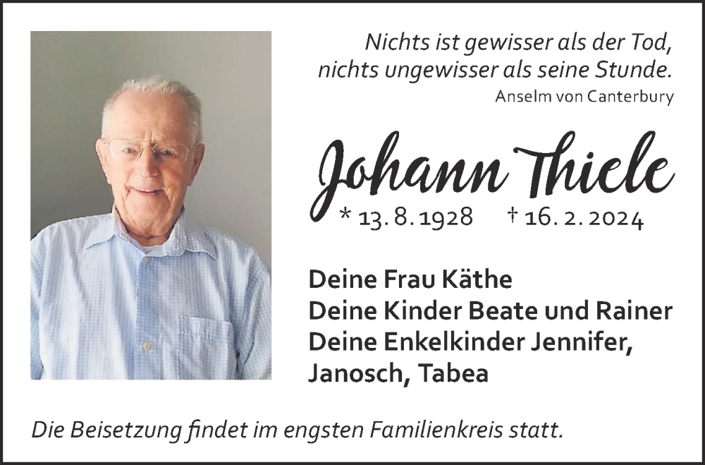  Traueranzeige für Johann Thiele vom 02.03.2024 aus Gelnhäuser Neue Zeitung