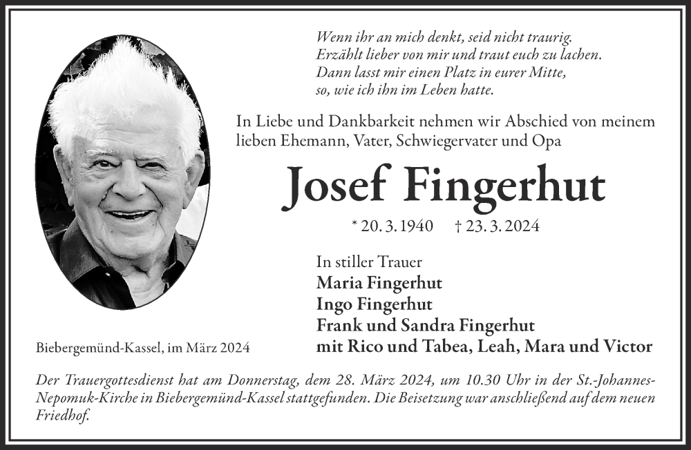  Traueranzeige für Josef Fingerhut vom 30.03.2024 aus Mittelhessen-Bote