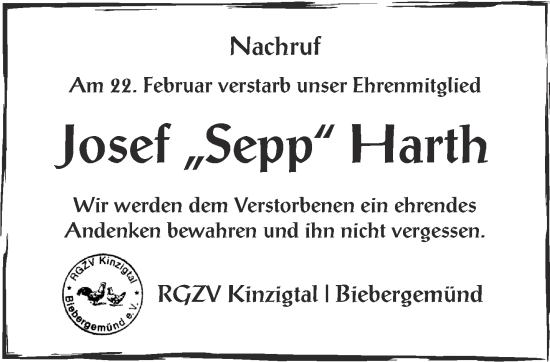 Traueranzeige von Josef Harth von Gelnhäuser Neue Zeitung