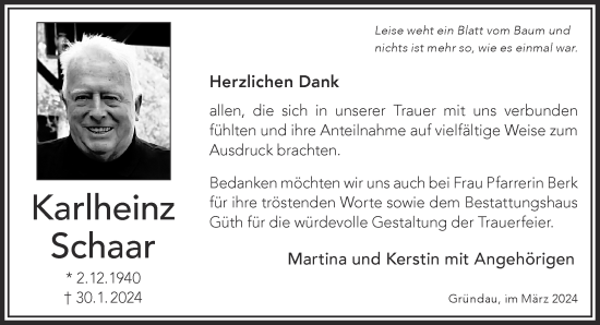 Traueranzeige von Karlheinz Schaar von Gelnhäuser Neue Zeitung