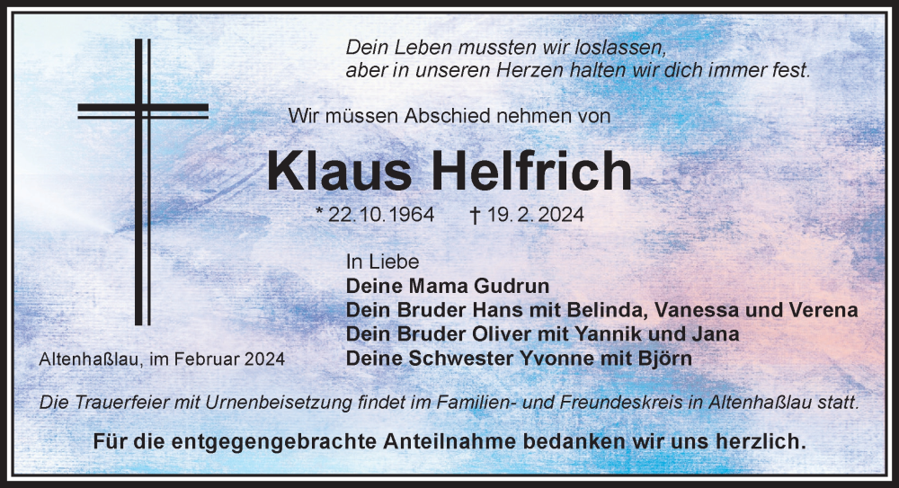  Traueranzeige für Klaus Helfrich vom 02.03.2024 aus Mittelhessen-Bote