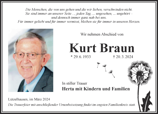 Traueranzeige von Kurt Braun von Gelnhäuser Neue Zeitung