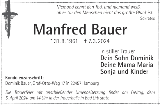 Traueranzeige von Manfred Bauer von Gelnhäuser Neue Zeitung