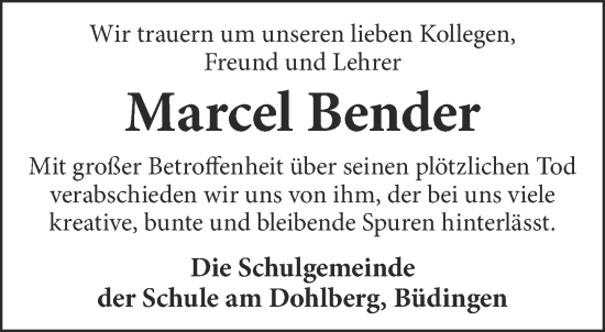 Traueranzeige von Marcel Bender von Gelnhäuser Neue Zeitung