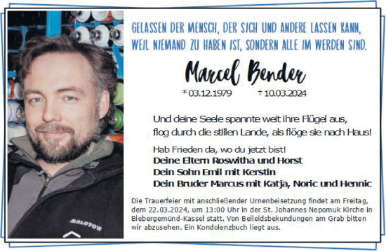 Traueranzeige von Marcel Bender von Gelnhäuser Neue Zeitung