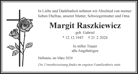 Traueranzeige von Margit Raszkiewicz von Gelnhäuser Neue Zeitung