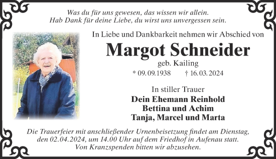 Traueranzeige von Margot Schneider von Gelnhäuser Neue Zeitung