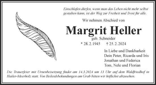 Traueranzeige von Margrit Heller von Gelnhäuser Neue Zeitung