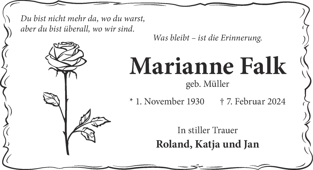  Traueranzeige für Marianne Falk vom 02.03.2024 aus Gelnhäuser Neue Zeitung