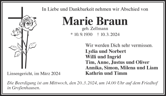 Traueranzeige von Marie Braun von Gelnhäuser Neue Zeitung