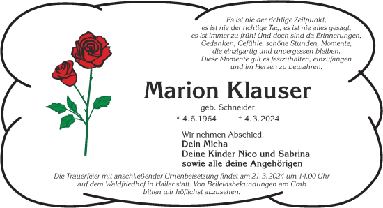 Traueranzeige von Marion Klauser von Gelnhäuser Neue Zeitung