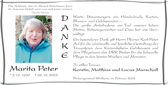 Traueranzeige von Marita Peter von Mittelhessen-Bote
