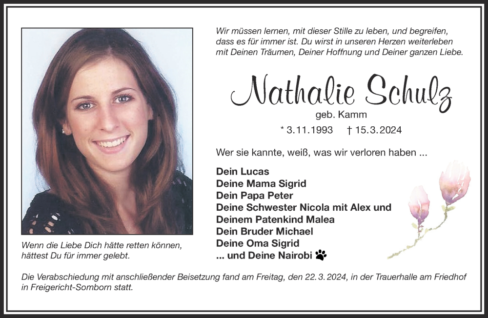  Traueranzeige für Nathalie Schulz vom 23.03.2024 aus Mittelhessen-Bote