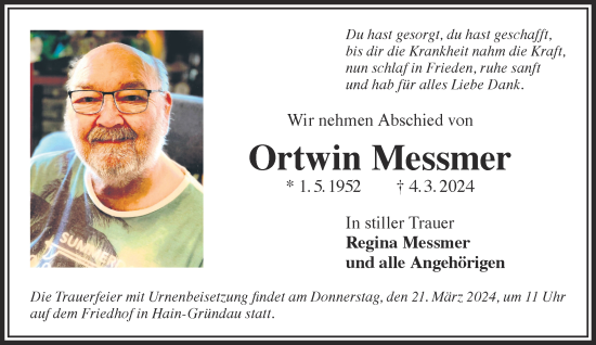 Traueranzeige von Ortwin Messmer von Gelnhäuser Neue Zeitung