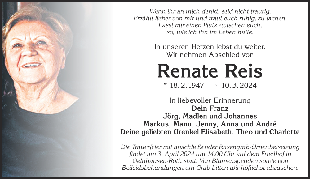 Traueranzeige für Renate Reis vom 30.03.2024 aus Mittelhessen-Bote
