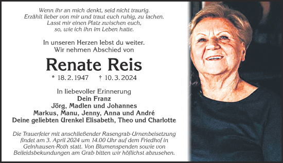 Traueranzeige von Renate Reis von Gelnhäuser Neue Zeitung