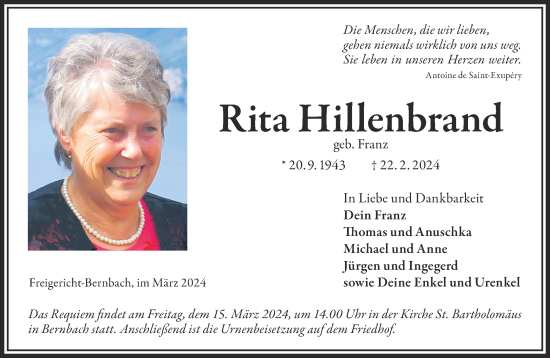 Traueranzeige von Rita Hillenbrand von Mittelhessen-Bote