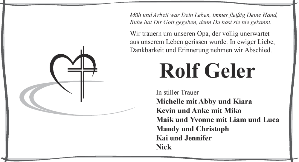  Traueranzeige für Rolf Geler vom 16.03.2024 aus Gelnhäuser Neue Zeitung