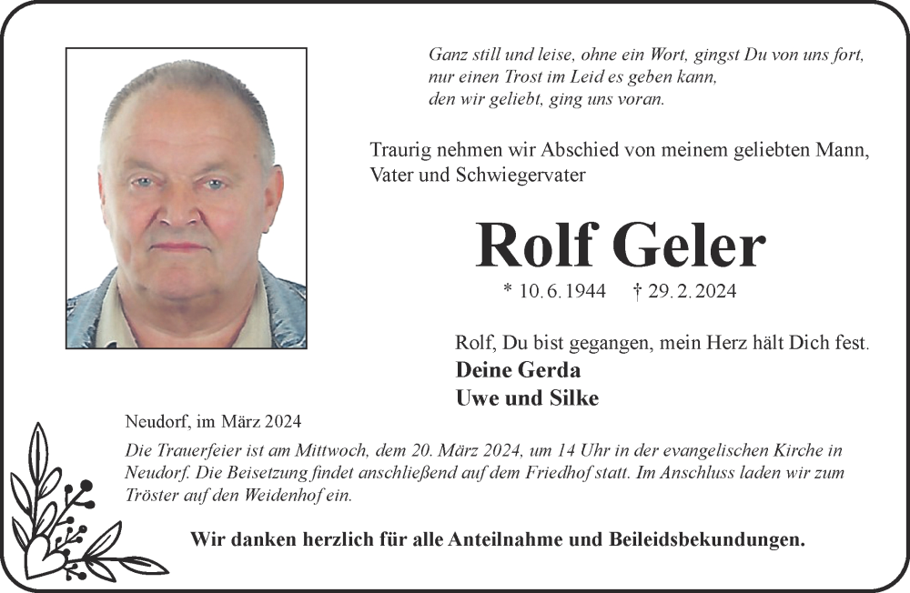  Traueranzeige für Rolf Geler vom 16.03.2024 aus Gelnhäuser Neue Zeitung