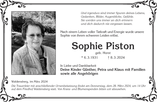 Traueranzeige von Sophie Piston von Gelnhäuser Neue Zeitung