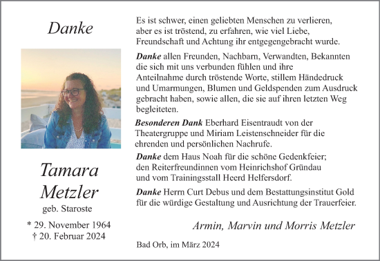 Traueranzeige von Tamara Metzler von Gelnhäuser Neue Zeitung