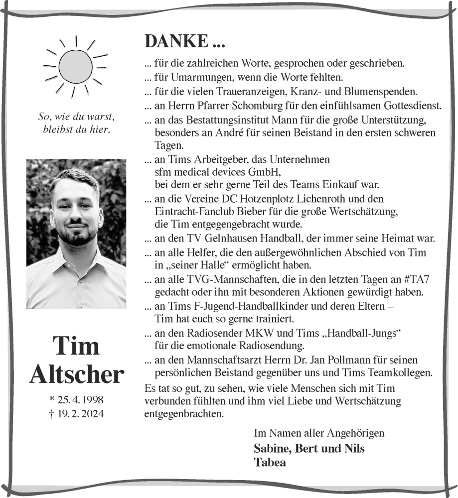  Traueranzeige für Tim Altscher vom 16.03.2024 aus Gelnhäuser Neue Zeitung