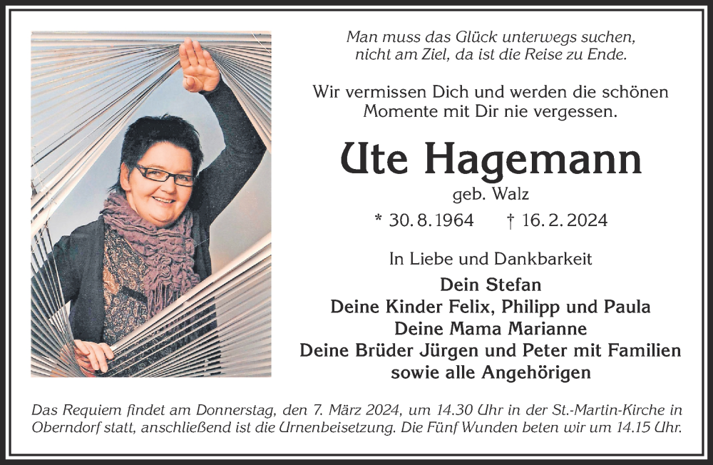  Traueranzeige für Ute Hagemann vom 02.03.2024 aus Gelnhäuser Neue Zeitung