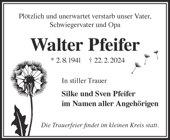 Traueranzeige von Walter Pfeifer von Gelnhäuser Neue Zeitung