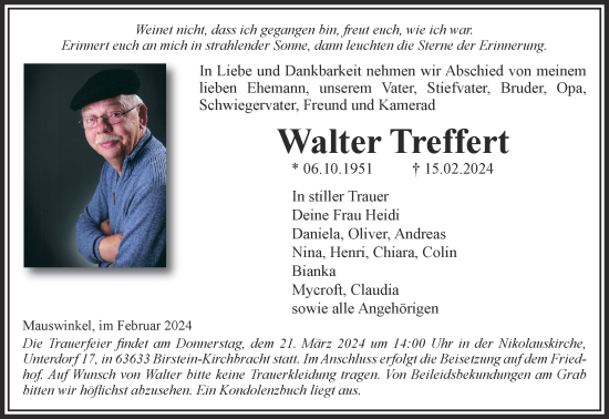 Traueranzeige von Walter Treffert von Gelnhäuser Neue Zeitung