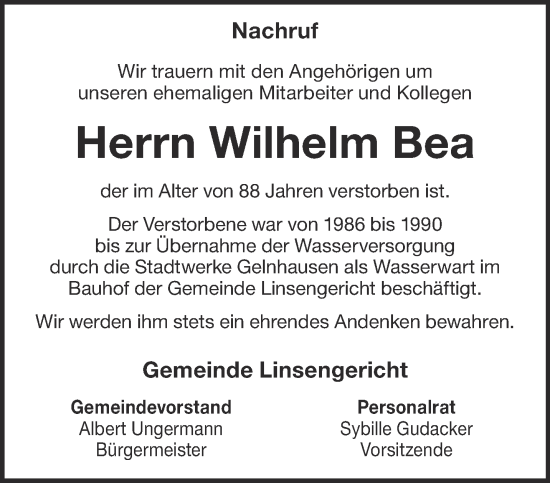 Traueranzeige von Wilhelm Bea von Gelnhäuser Neue Zeitung