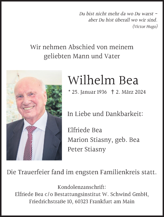Traueranzeige von Wilhelm Bea von Gelnhäuser Neue Zeitung