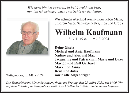 Traueranzeige von Wilhelm Kaufmann von Gelnhäuser Neue Zeitung