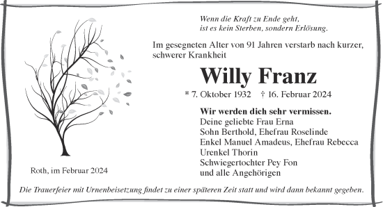 Traueranzeige von Willy Franz von Gelnhäuser Neue Zeitung