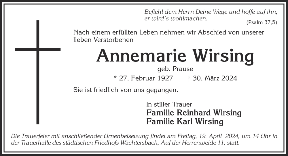  Traueranzeige für Annemarie Wirsing vom 13.04.2024 aus Gelnhäuser Neue Zeitung