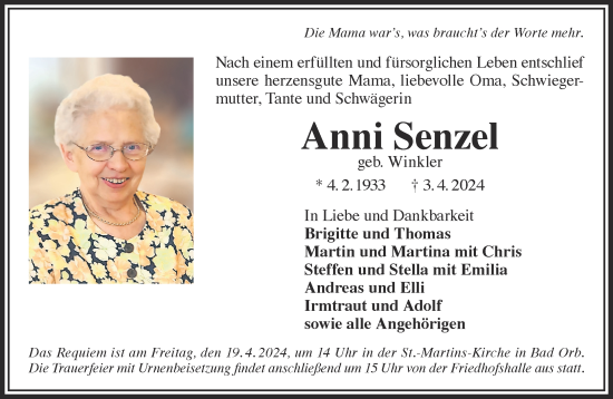 Traueranzeige von Anni Senzel von Gelnhäuser Neue Zeitung