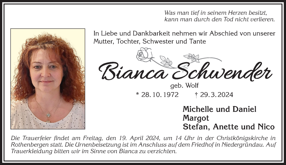  Traueranzeige für Bianca Schwender vom 13.04.2024 aus Gelnhäuser Neue Zeitung