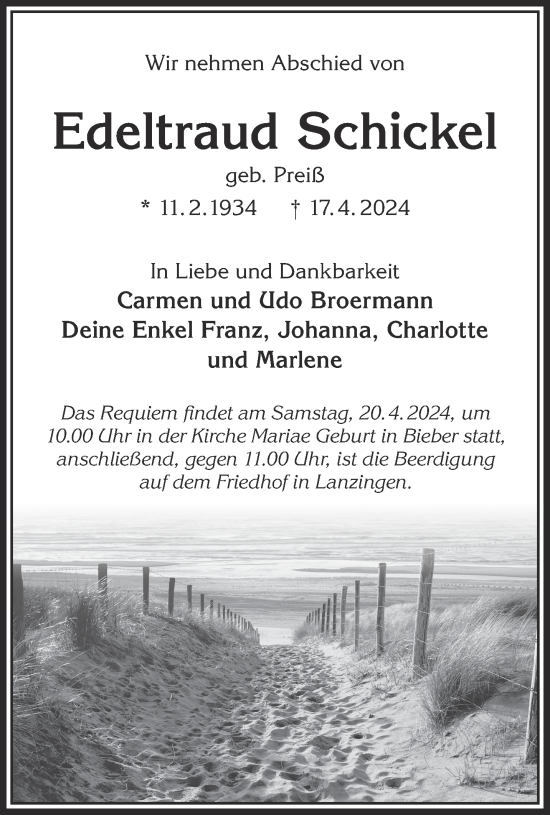Traueranzeige von Edeltraud Schickel von Gelnhäuser Neue Zeitung