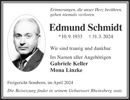Traueranzeige von Edmund Schmidt von Gelnhäuser Neue Zeitung